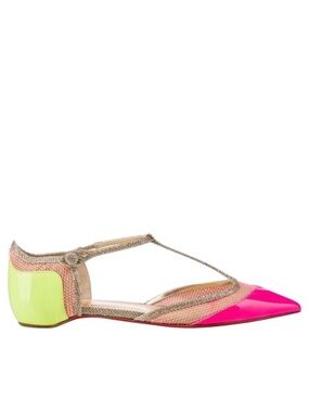 NEW CHRISTIAN LOUBOUTIN Mrs Early Pink & Yellow Patent Leather Glitter Mesh Flat